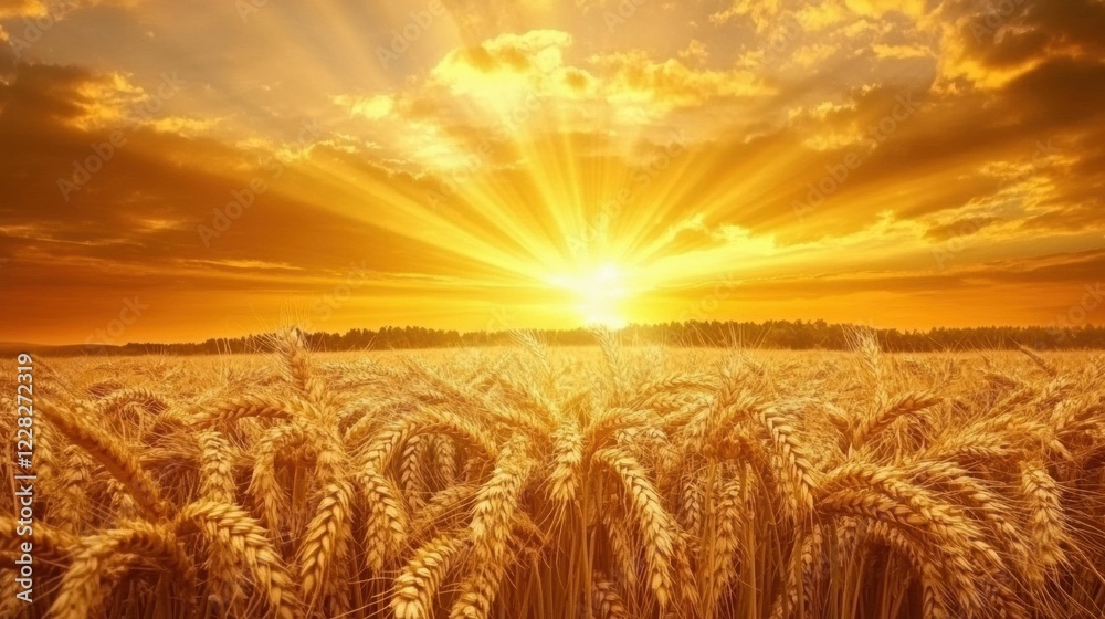 Poster rays of sunlight illuminate a golden field of wheat at sunset on a warm evening. generative ai