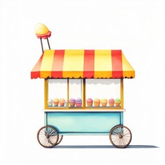 Colorful ice cream cart, summer treats, outdoor sales, sunny day, food illustration