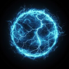 Glowing electric energy sphere with blue lightning bolts on dark background, powerful futuristic abstract digital 