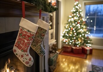 Two Christmas stockings are hanging on a fireplace