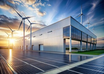 Modern Industrial Facility with Solar Panels & Wind Turbines - Clean Energy Production