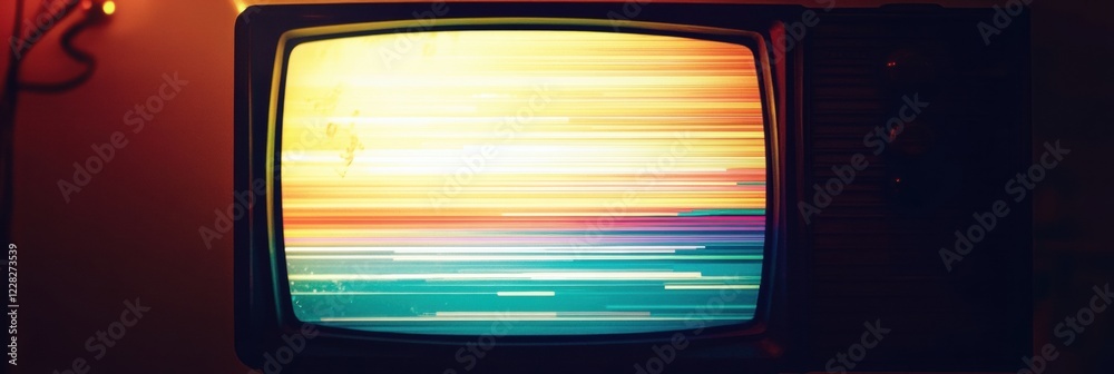 Poster retro television screen displaying vibrant static noise and colorful glitch patterns in a dimly lit 