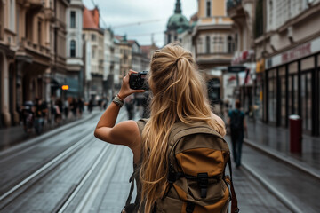 Obraz premium Touriste de dos prenant une photo dans une rue