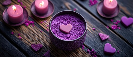 A romantic scene unfolds with purple candles flickering softly, surrounded by delicate pink hearts, creating an enchanting atmosphere for love on Valentine's Day.