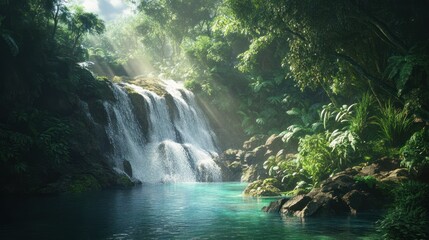 Lush Jungle Waterfall Pool, Sunlight Rays