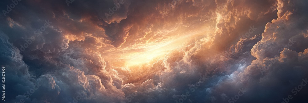 Poster majestic clouds illuminated by warm light at sunset over a calm landscape in the evening sky. genera