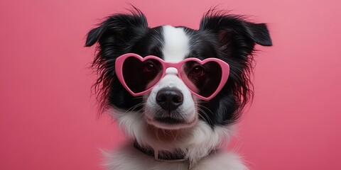 Fototapeta premium A black-and-white dog wearing pink heart-shaped sunglasses, radiating fun and love. Perfect for Valentine's promotions.