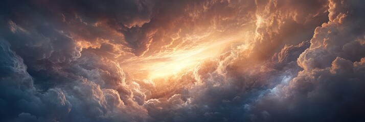 Majestic clouds illuminated by warm light at sunset over a calm landscape in the evening sky. Generative AI