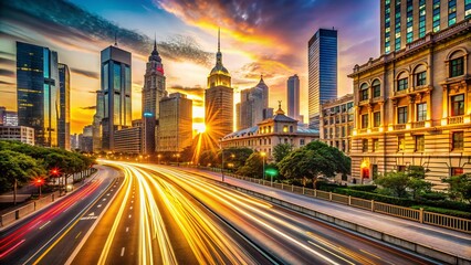 Obraz premium Modern Long Exposure Photography: Sunlit Cityscape at Dusk