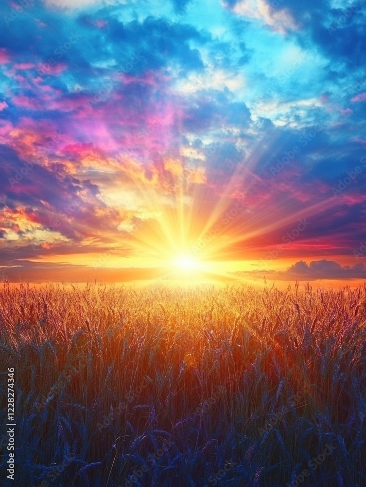 Aufkleber beautiful rays streaming through golden ears of wheat at sunrise in a vibrant sky. generative ai
