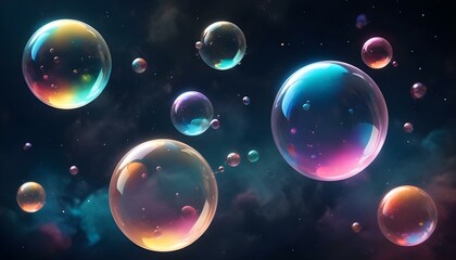 Coloridas pompas de jabón flotando en un espacio oscuro con estrellas y planetas al fondo