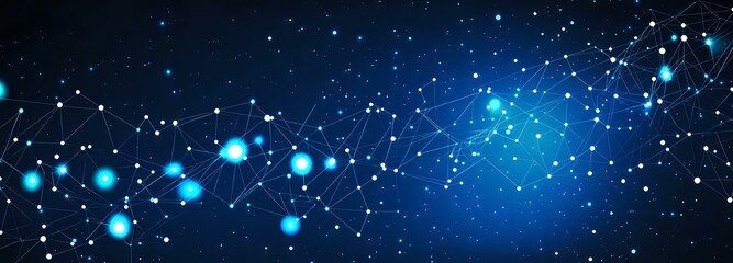 Obraz premium Glowing blue particles and light dots connected by lines form constellation pattern against dark night sky background, creating futuristic network effect.