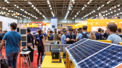 Fototapeta premium Visitors explore solar energy displays at a lively sustainability expo in bright sunlight