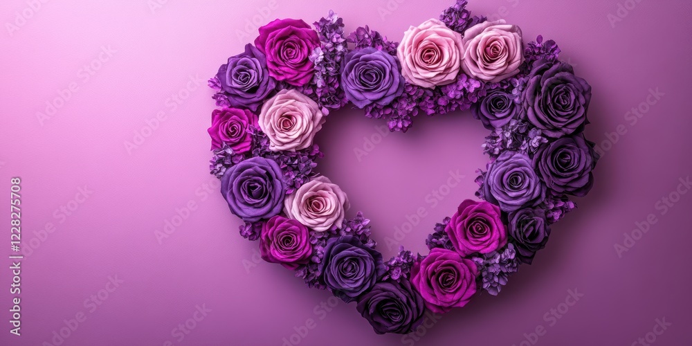 Wall mural A stunning heart-shaped arrangement of purple and pink roses rests elegantly against a soft pink background, embodying love and romance.