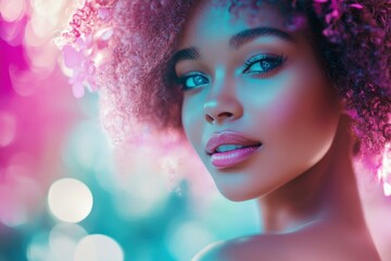 A woman highlights her natural beauty with floral accents in her curly hair, glowing in romance