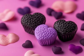 Obraz premium Indulge in a delightful trio of colorful chocolates resting on a soft pink surface, perfect for celebrating love on Valentine's Day.