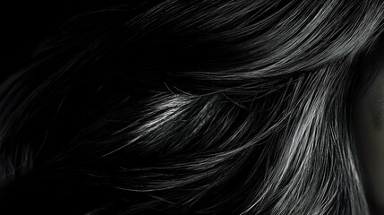 Dramatic black and white close-up of flowing hair strands creating abstract patterns and textures against dark background, capturing movement and natural light.
