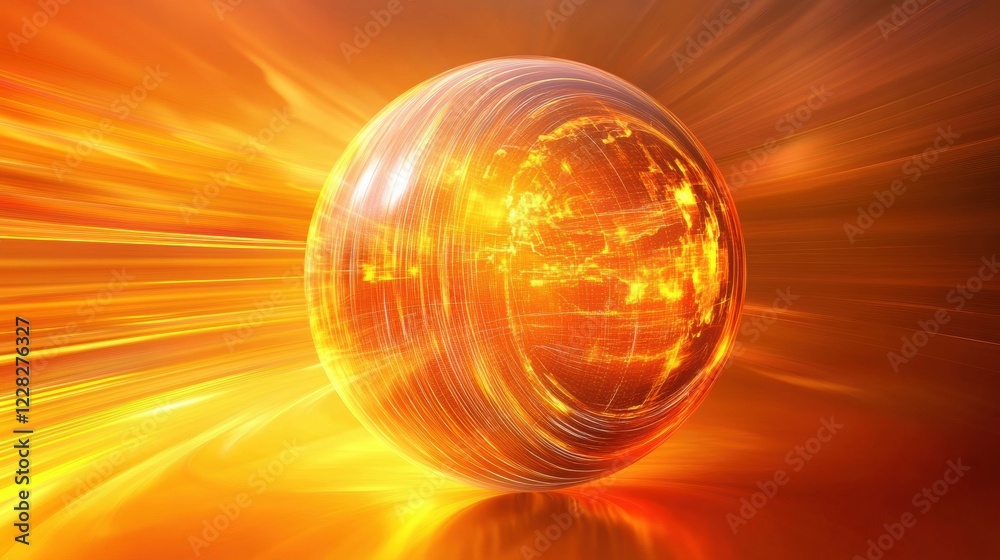 Poster globe spins slowly with bright contour lines illuminated against a vibrant backdrop of orange and ye