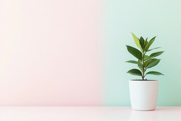 A tropical houseplant in a white pot on a pastel pink surface with a gradient backdrop.