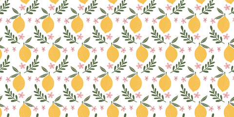 Charming Seamless Lemon and Floral Pattern with Pink Flowers and Green Leaves on White Background for Elegant Decorative and Textile Designs