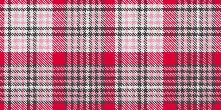 A vibrant tartan plaid pattern in shades of red, pink, black, and white featuring a traditional geometric design with crisscrossed lines and houndstooth textures
