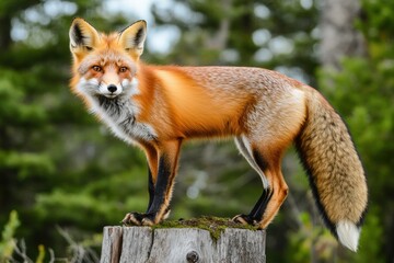 Naklejka premium A red fox poses on a tree stump, illuminated by warm sunlight in an autumn forest setting