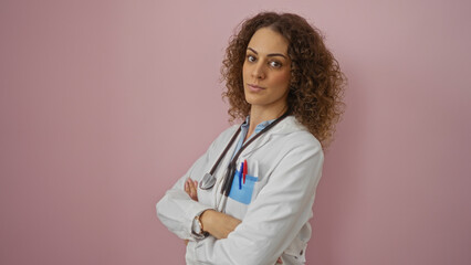 Confident hispanic woman with curly brunette hair in a medical uniform stands with crossed arms against a pink wall, radiating professionalism and beauty.