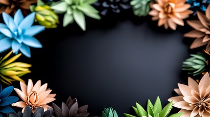 Colorful paper succulents frame, dark background, craft design, greeting card