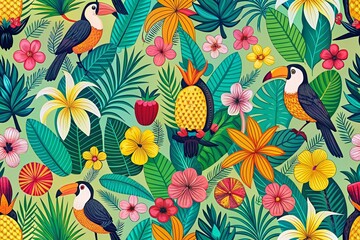 Fototapeta premium Modern Tropical Doodle Pattern: Vibrant Seamless Background for Design Projects