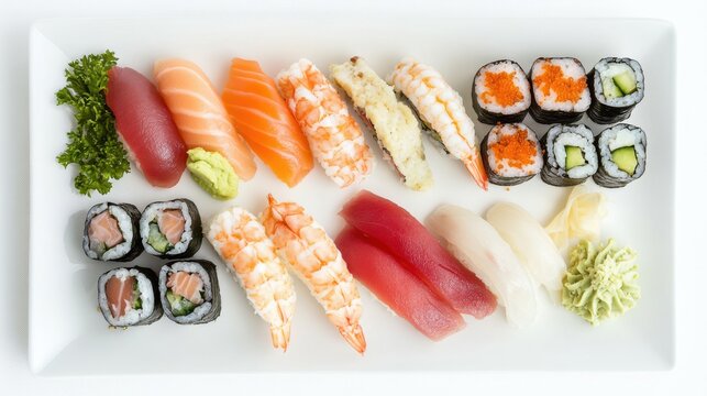 A fresh sushi platter with an assortment of nigiri, sashimi, and rolls
