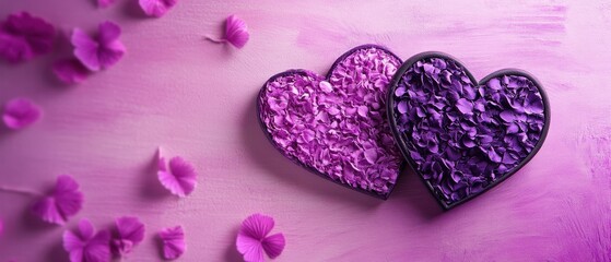 Delicate purple petals surround a charming heart-shaped box, resting on a soft pink surface, creating a romantic atmosphere for love's celebration.