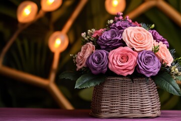 Obraz premium A charming basket brimming with vibrant flowers rests on a table, illuminated by soft, twinkling lights that create a romantic ambiance.