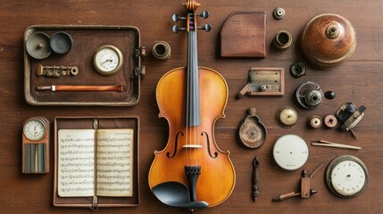 Naklejka premium A flat lay of a violin, bow, and accessories arranged neatly on a wooden table.