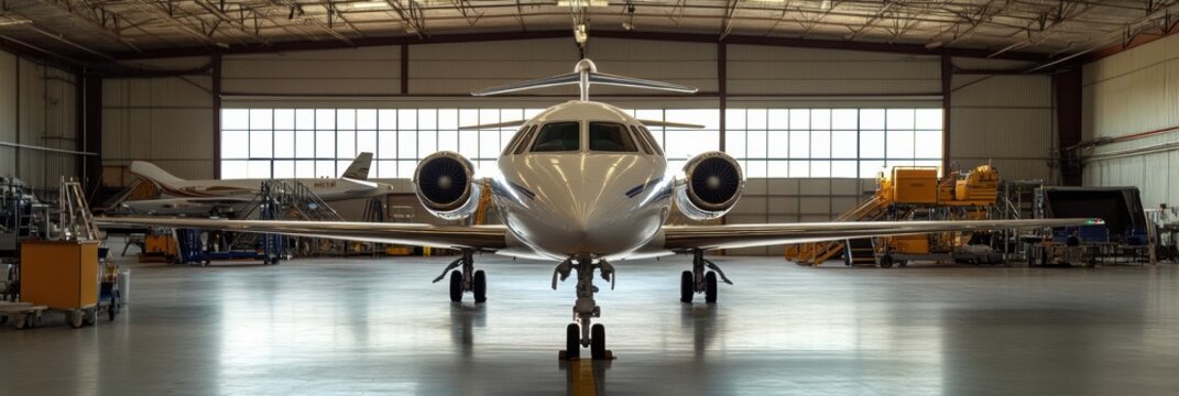 Private jet awaits departure inside a spacious hangar ready for upcoming voyage and maintenance checks. Generative AI