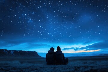 Couple silhouetted against a breathtaking night sky filled with stars, enjoying the serene landscape.