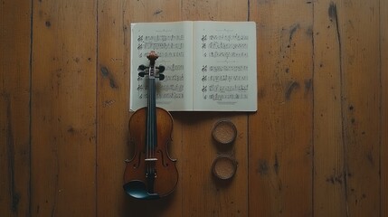 A flat lay of violin rosin, a bow, and music sheets on a wooden surface.
