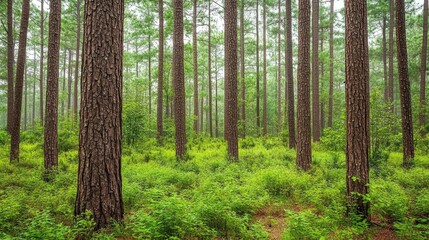 Naklejka premium A foggy forest with tall pine trees and dense green undergrowth.