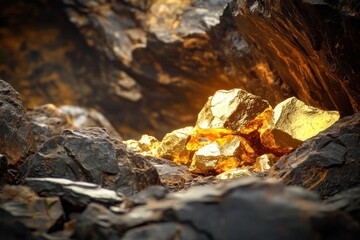 Gold nuggets gleam amidst rough stones, showcasing the beauty of natural geology