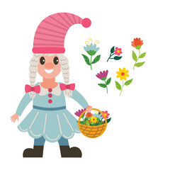 Cute spring garden girl gnome with basket with flowers and cute hat in cartoon flat style.