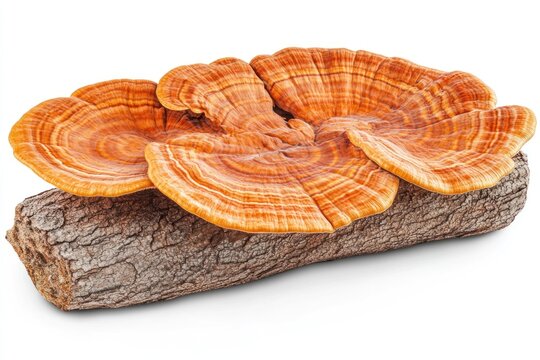 Lingzhi or red reishi mushroom highlights its unique texture and vibrant colors on wood