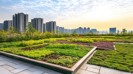 Fototapeta premium A green roof garden on an urban skyscraper under sunny skies.