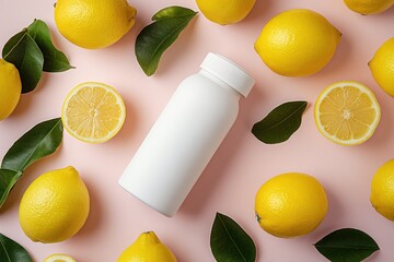 Bright lemons and a vitamin C bottle create a fresh, minimalistic still life composition