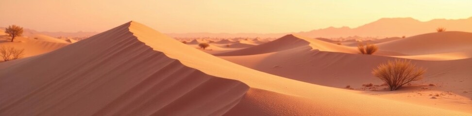 Softly glowing sand dunes shift in the desert wind, sandy hills, shimmering sand