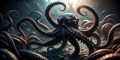 Mysterious Black Octopus Tentacles Underwater, 3D Rendered Isolated Monster