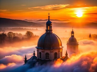 Fototapeta premium Mysterious Church Dome Silhouette Emerging from Misty Morning