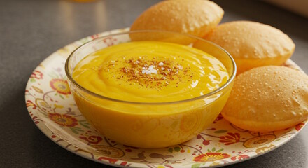 fresh indian gujarati lunch or dinner food recipe mango juice or mango pulp with puri known in iindia as aamrus,rus puri made with totapuri, kesar or alphonso mango fruit