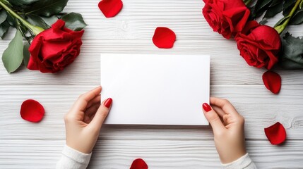 A delicate hand cradles a white card adorned with vibrant red roses, resting gracefully on a pristine white table, a perfect symbol of love's elegance.