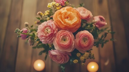 Obraz premium A romantic table is adorned with a delicate vase of vibrant flowers and flickering candles, creating an enchanting atmosphere for love on Valentine's Day.