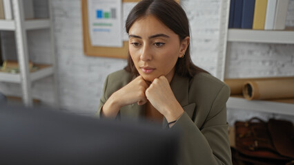 Fototapeta premium Hispanic woman focusing on computer indoors at workplace with charts on board and shelves behind her in an office