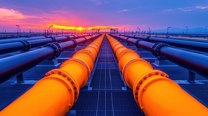 Industrial Pipes at Sunset with Vibrant Colors and Dramatic Sky